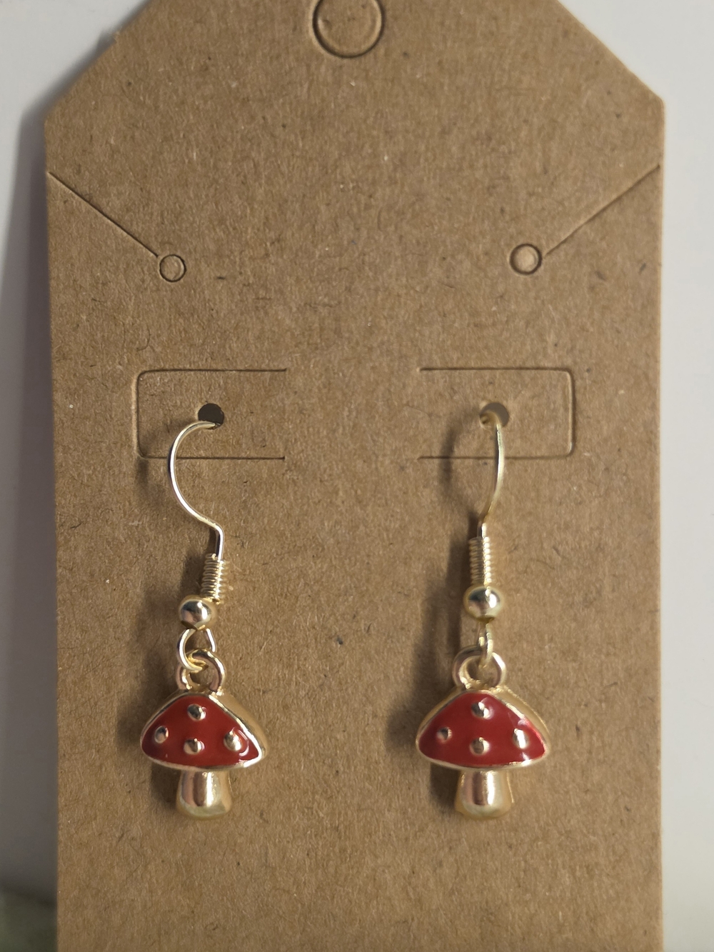 Red Mushroom Charm Earrings - Gold Tone